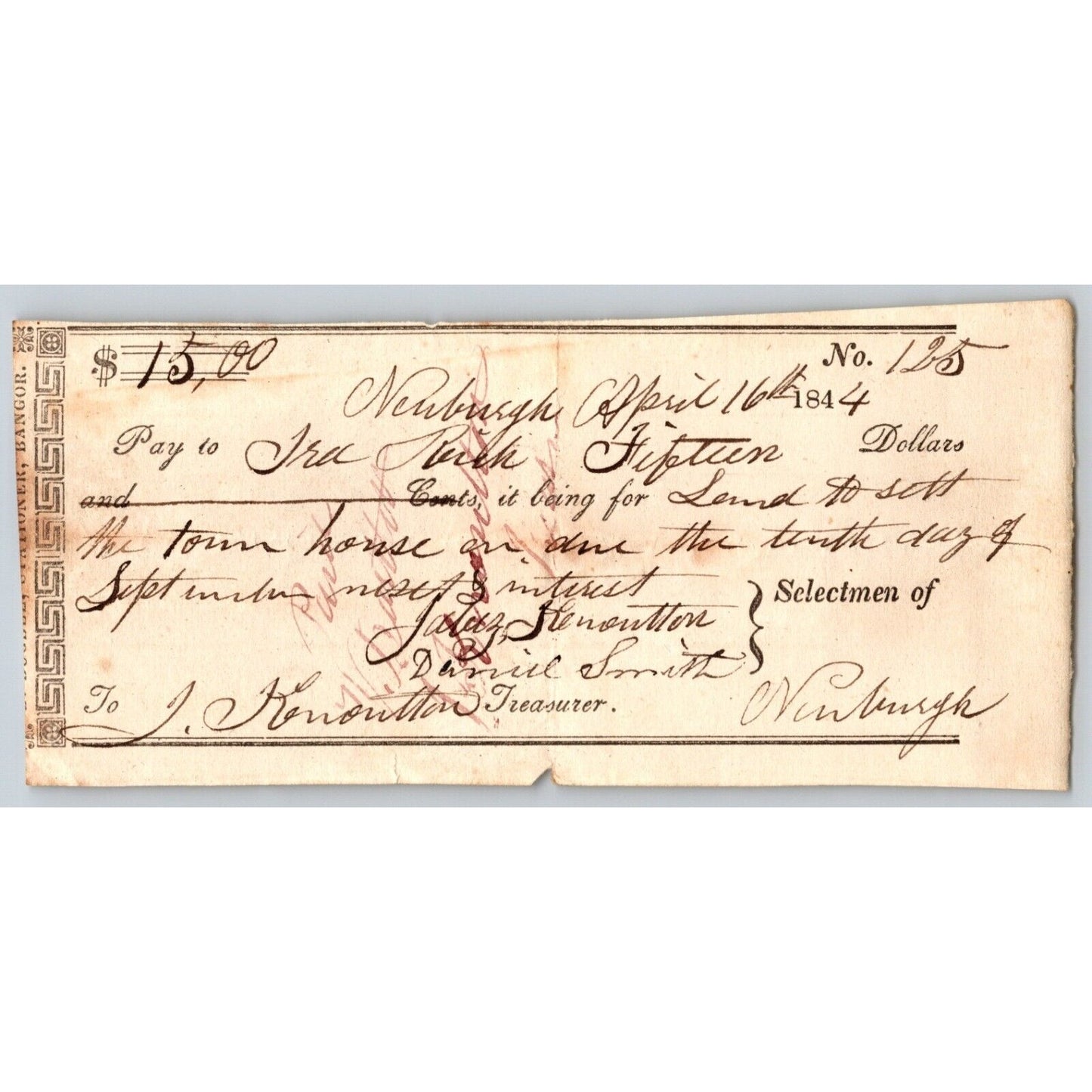 1844 Jabez Knowlton* Newburgh ME Town Check to Ira Reich ? for __ Town House