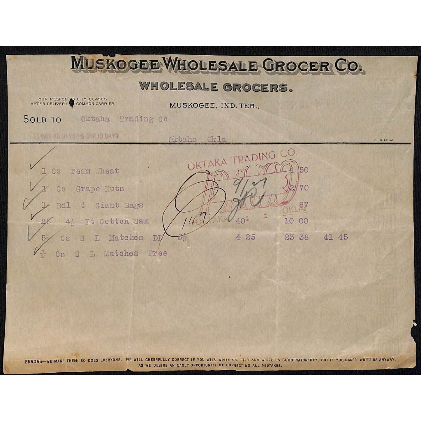 c1906 Muskogee Wholesale Grocer Co. OK Indian Territory Billhead