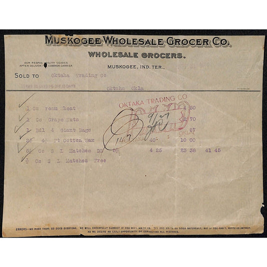 c1906 Muskogee Wholesale Grocer Co. OK Indian Territory Billhead