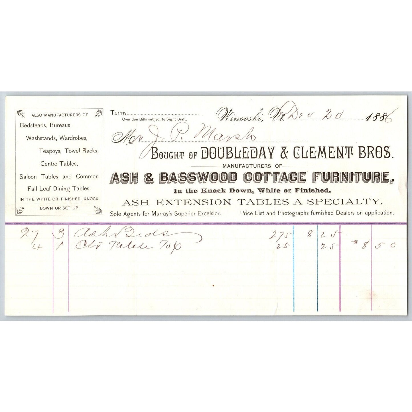 Doubleday & Clement Bros. Basswood Furniture Winooski, VT 1886 Billhead VGC
