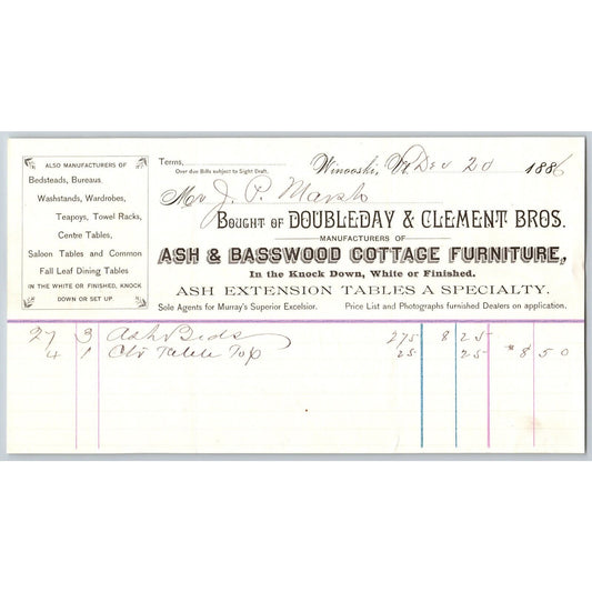 Doubleday & Clement Bros. Basswood Furniture Winooski, VT 1886 Billhead VGC