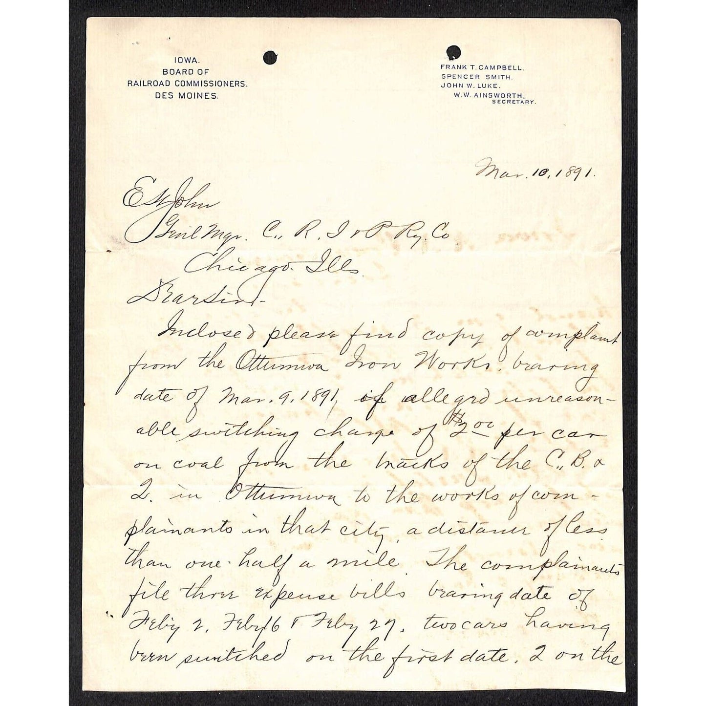 Iowa Board of Railroad Commissioners Des Moines 1891 Partial ALS to CRI&P