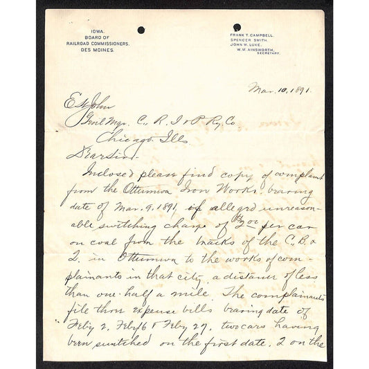 Iowa Board of Railroad Commissioners Des Moines 1891 Partial ALS to CRI&P
