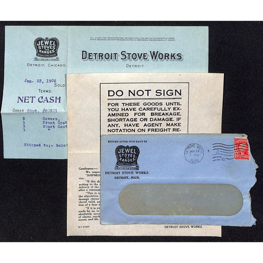 Detroit Stove Works / Samuel Wang Co* North Georgetown 1906 Billhead & Cover +