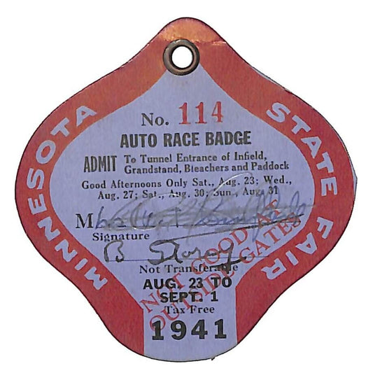 1941 Minnesota State Fair Auto Race Badge / Ticket / Pass #114 Scarce