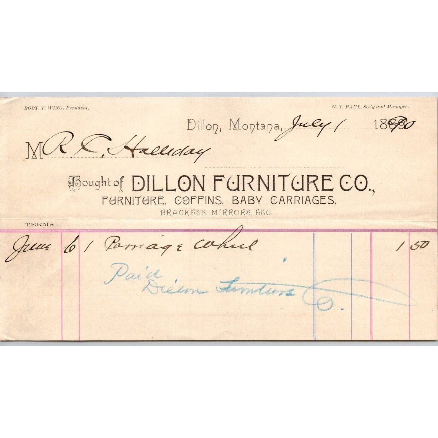 Dillon MT Dillon Furniture 1890 Coffins Baby Carriages Billhead R.C. Halliday*