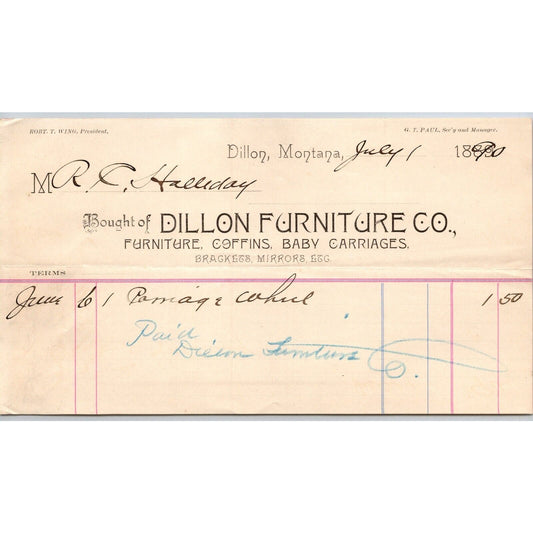Dillon MT Dillon Furniture 1890 Coffins Baby Carriages Billhead R.C. Halliday*
