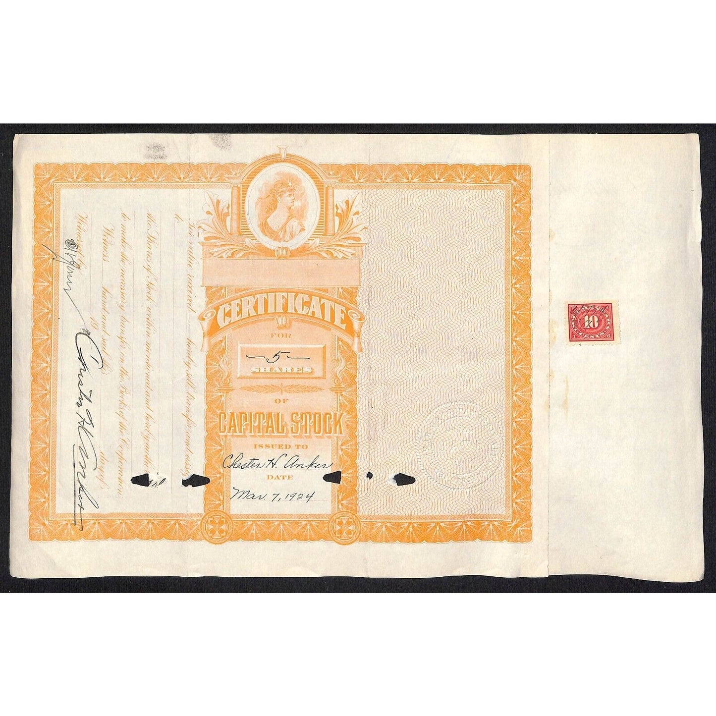 First National Bank of Lovelock, NV 1924 Stock Certificate to Chester A. Anker *