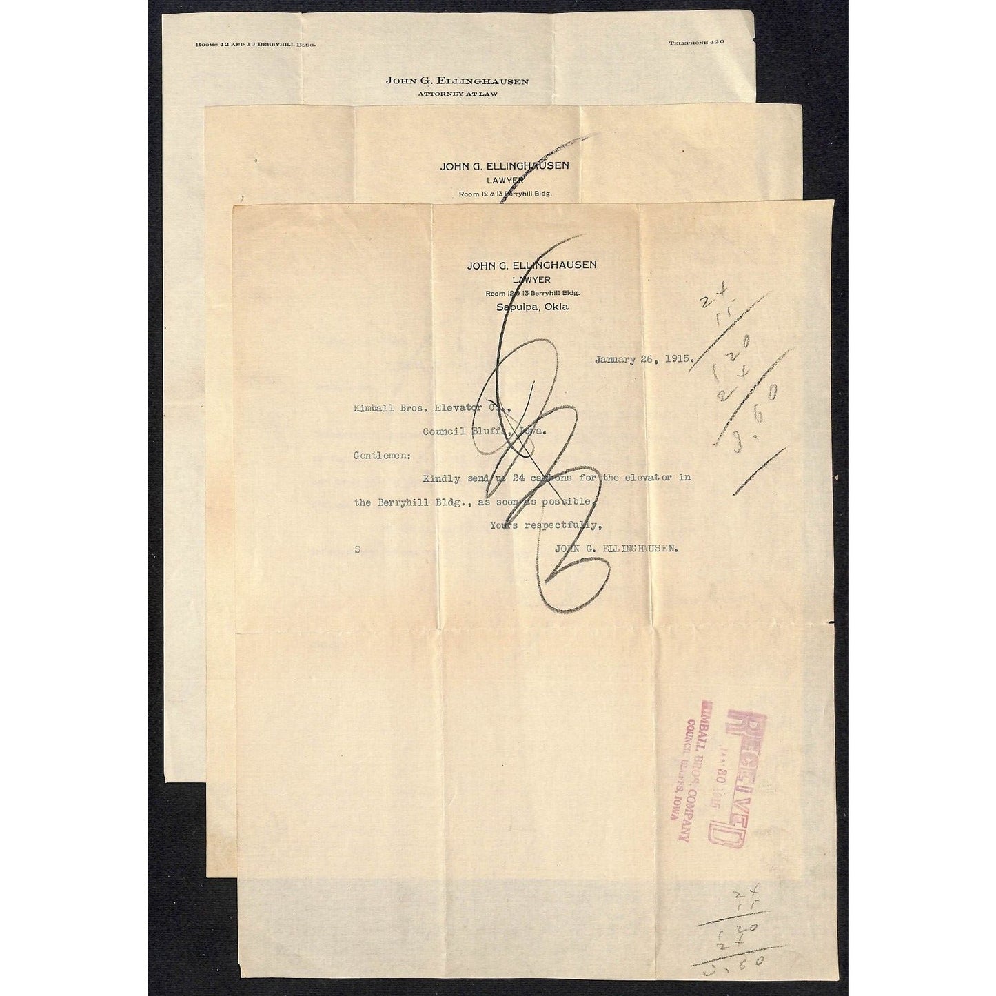 5 1911-1915 Letterheads John G. Ellinghausen Lawyer to Kimball Bros. Elevator