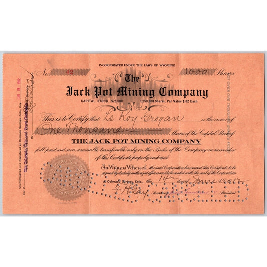 Jack Pot Mining Co. 1912 Stock Certificate Cripple Creek District #42