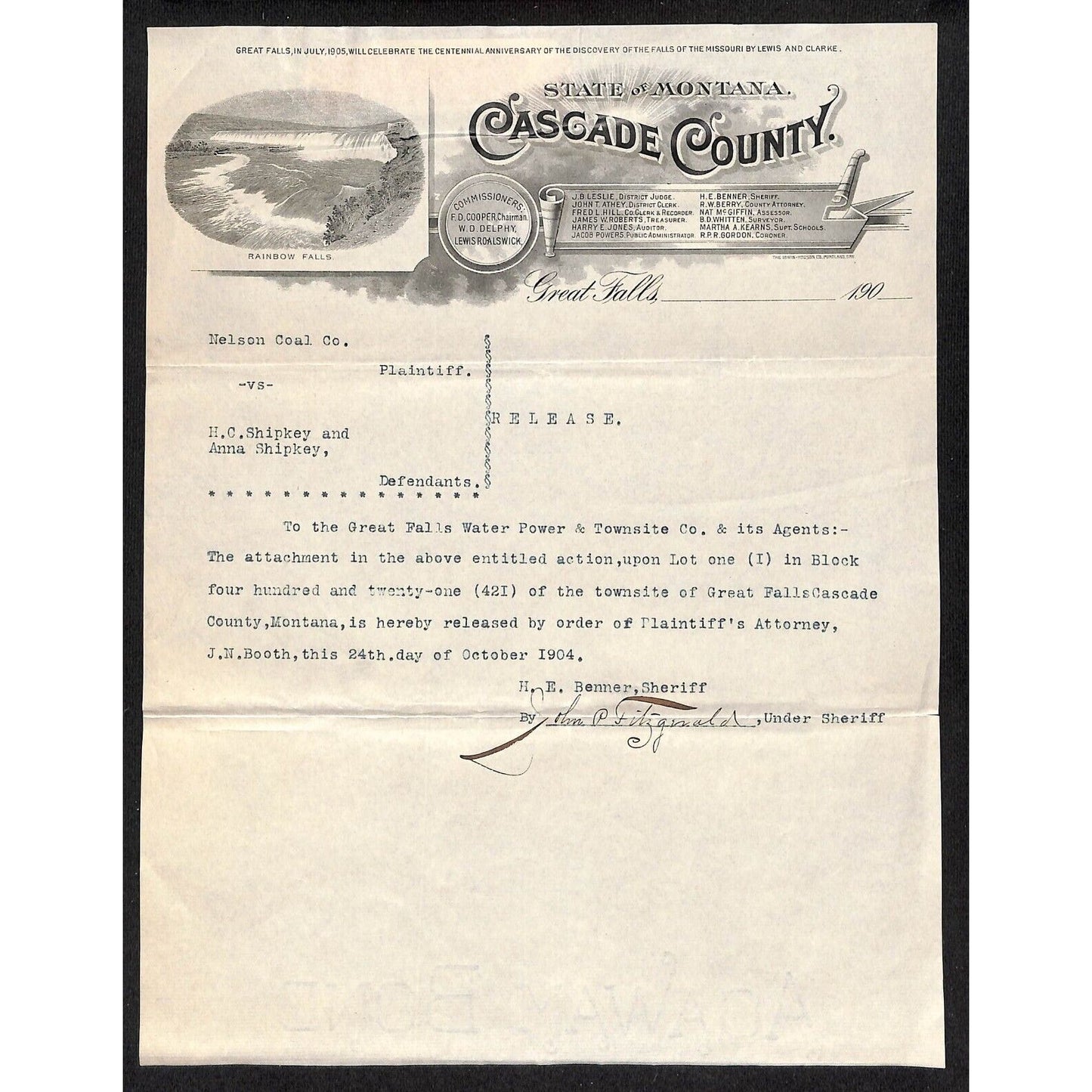 1904 State of Montana, Cascade County, Great Falls TLS Letterhead Legal Release
