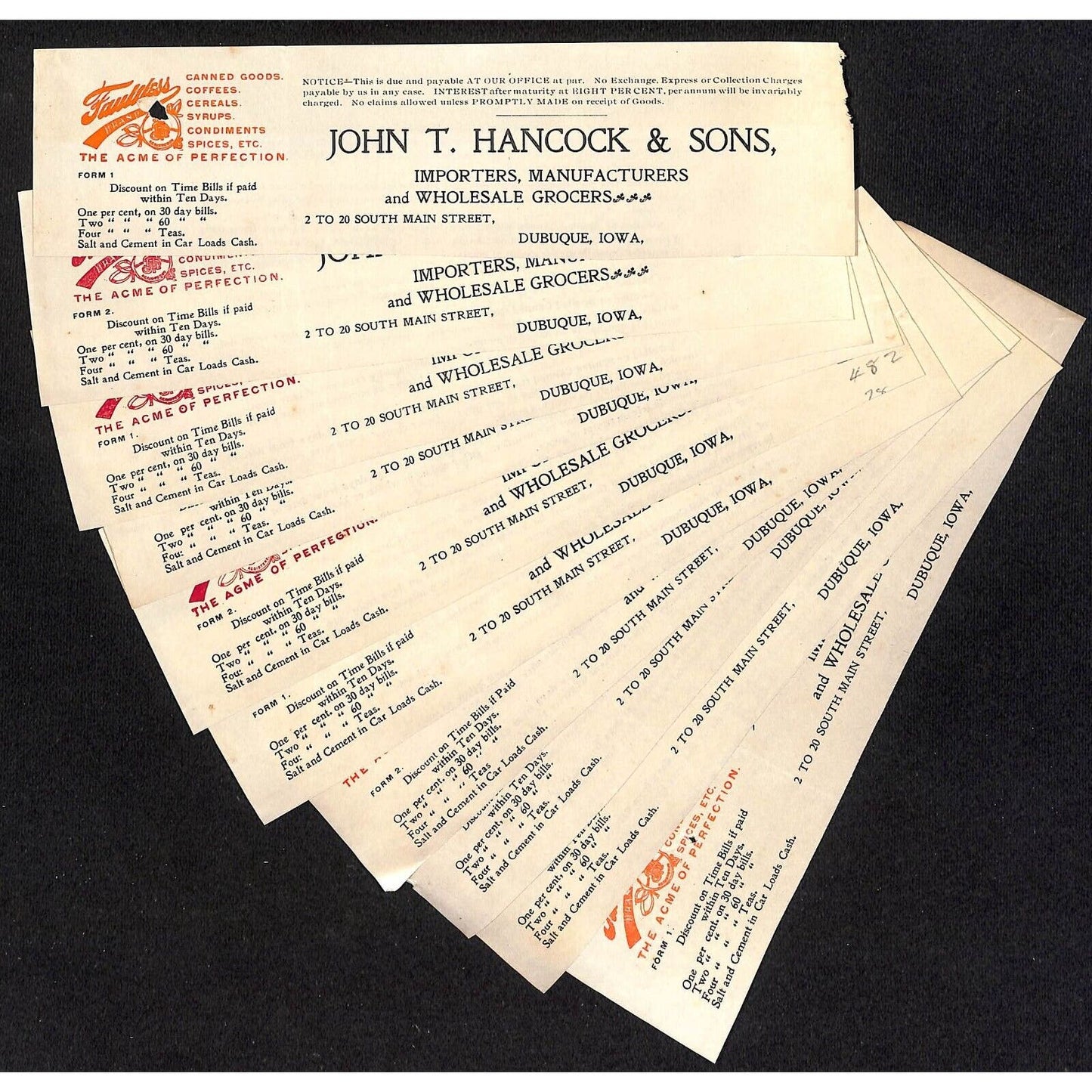 John T. Hancock Dubuque Faultless Grocer Hutchinson* 10 pcs c1903 Cut Billheads