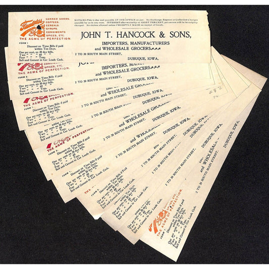 John T. Hancock Dubuque Faultless Grocer Hutchinson* 10 pcs c1903 Cut Billheads