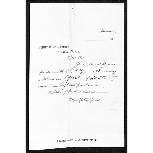 1888 Henry Elling Virginia City Montana Territory Monthly Statement (#4)