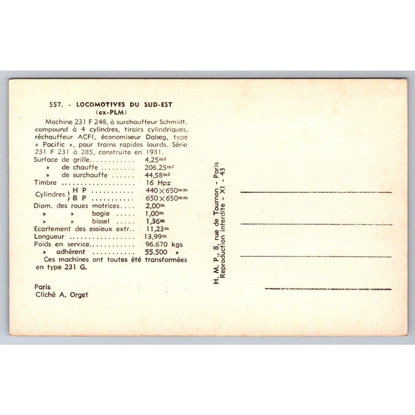 French Railroad RPPC* Postcard Machine 231 F 248 Series 231 F - 285 c1930 H.M.P.