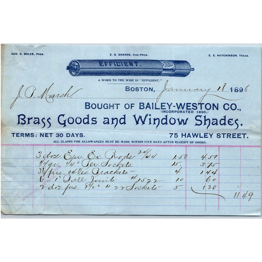 Bailey Weston Co. Brass Goods and Window Shades Boston 1896 Billhead Vignette