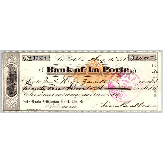 Bank of La Porte Check Mrs. K.E. Gowell 1882 Mining Vignette RN-G1 Rev Stamp