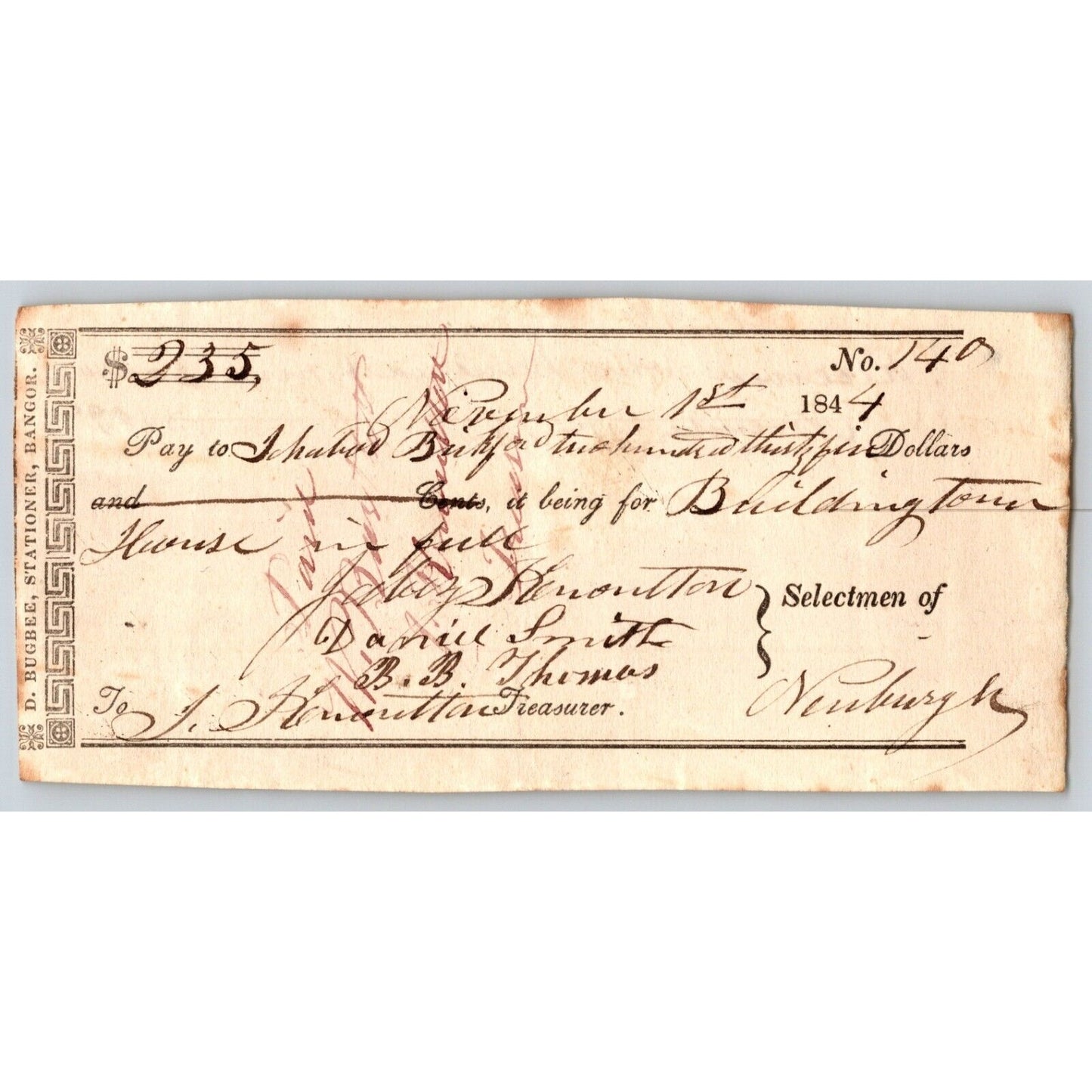 1844 Jabez Knowlton* Newburgh ME Check to Ichabod Bickford Building Town House ?