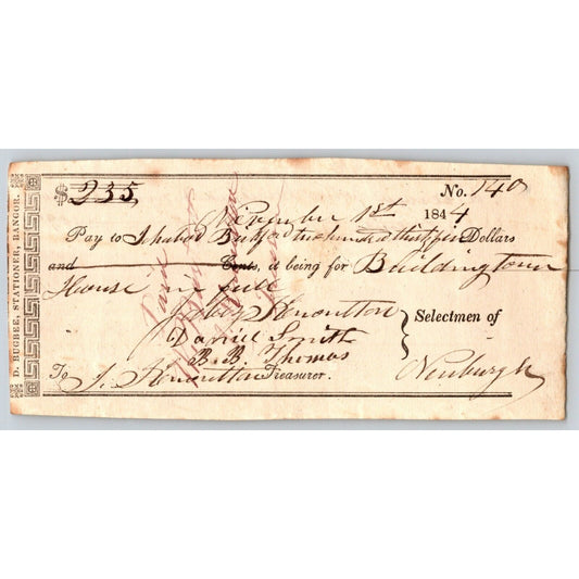 1844 Jabez Knowlton* Newburgh ME Check to Ichabod Bickford Building Town House ?