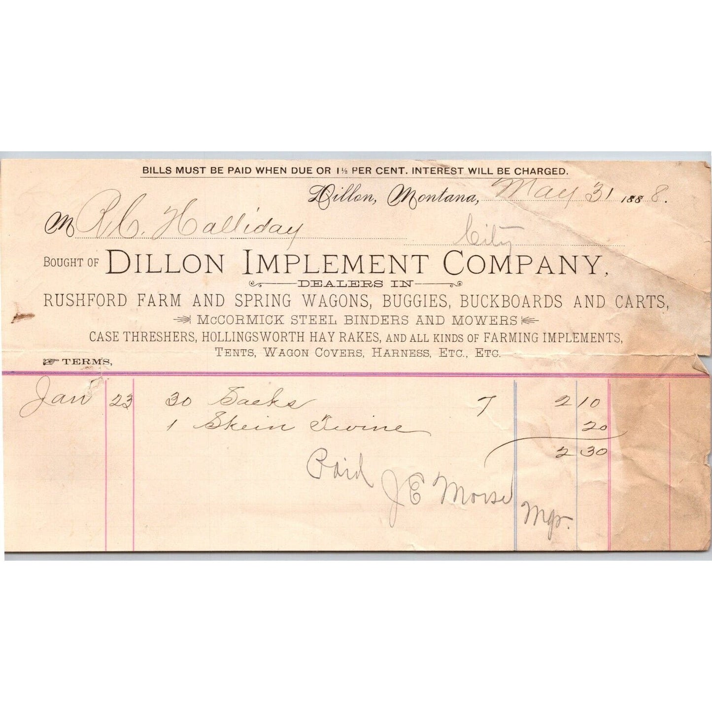 Dillon, MT Dillon Implement Co. Buckboards 1888 Billhead R.C. Halliday*