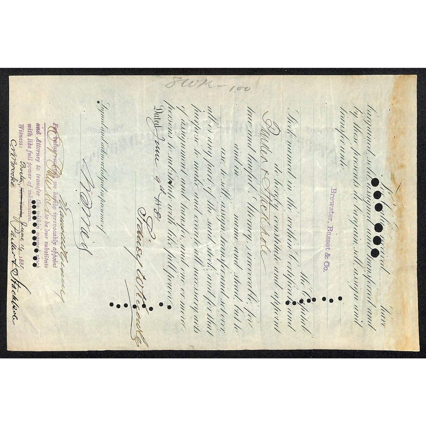 Flint & Pere Marquette Railroad 1881 Stock Certificate to: Sidney W. Knowles