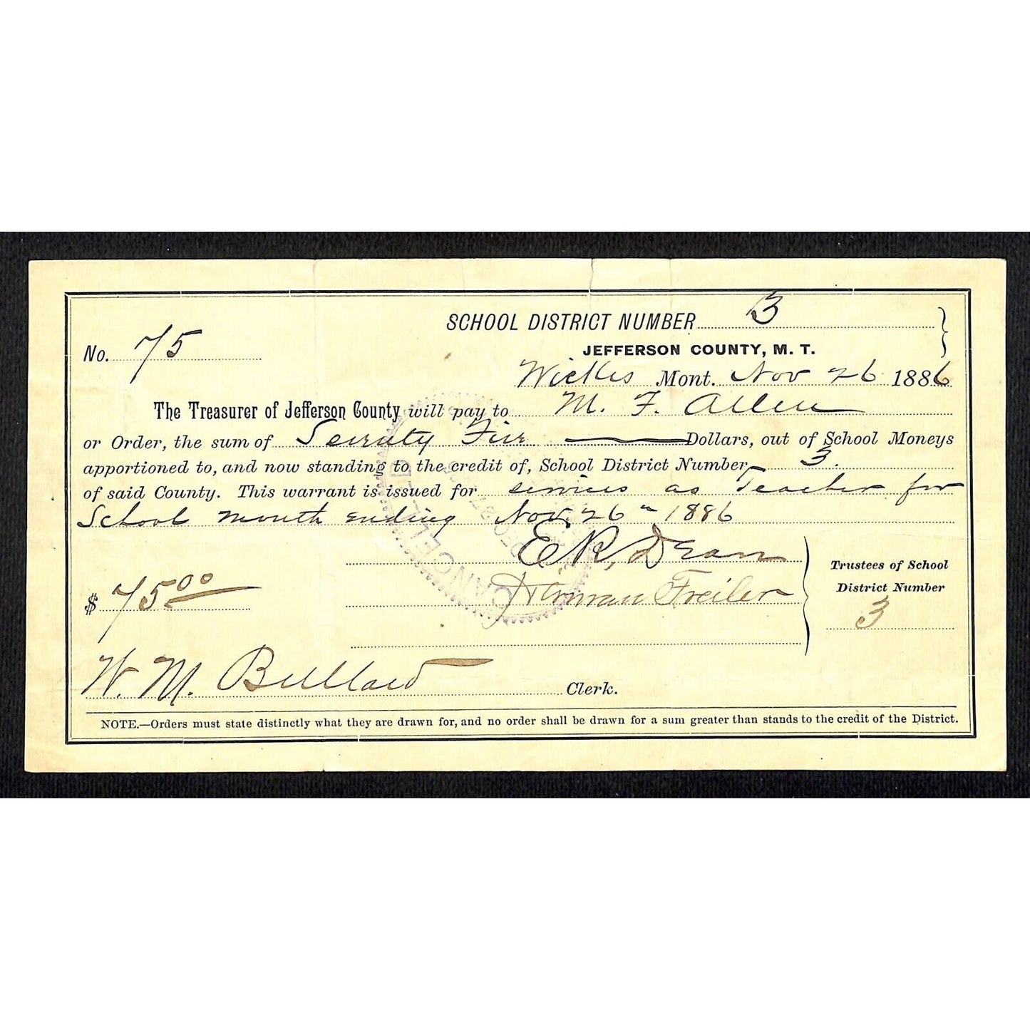 1886 Jefferson County Montana Territory School Warrant / Services as Teacher
