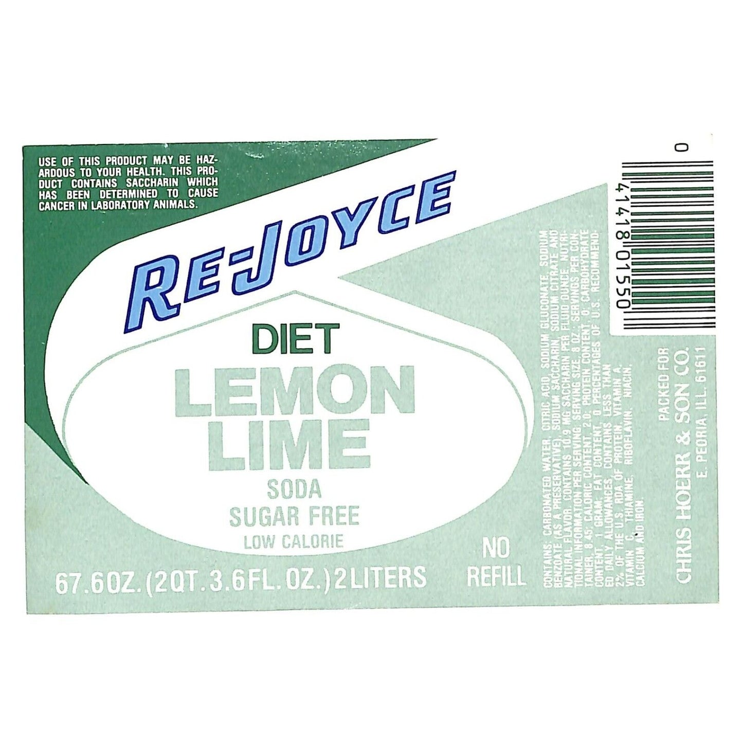 Re-Joyce Diet Lemon Lime Soda Label Chris Hoerr & Son Co. c1975-80's VGC