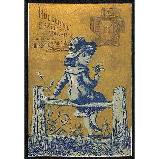 Household Sewing Machine Victorian Trade Card Girl w/ Flower Sits on Fence