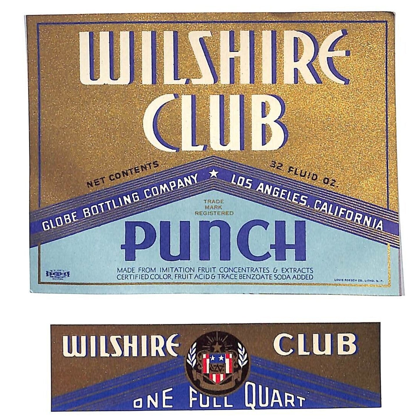 Wilshire Club Punch Globe Bottling Los Angles Bottle Label Set c1935-45 Scarce