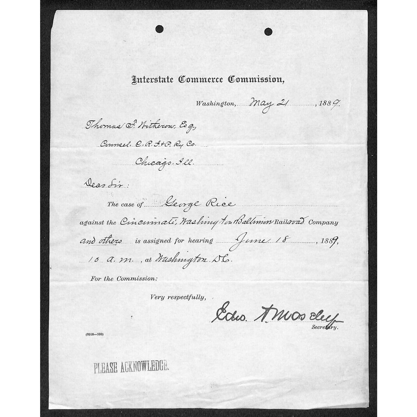 Interstate Commerce Commission Washington 1889 George Rice v. RR Legal Notice
