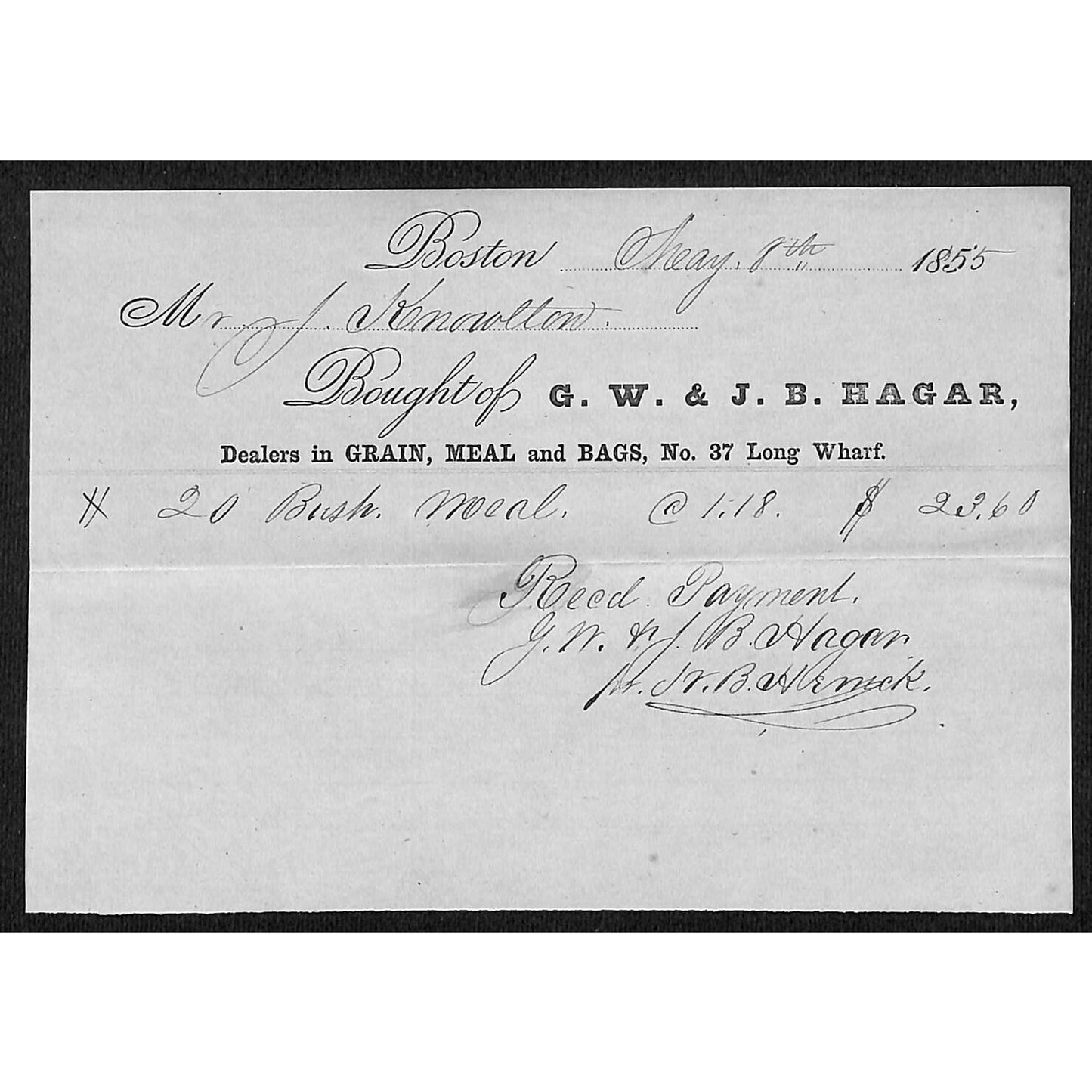 1855 Jabez Knowlton* Newburgh ME G.W. & J.B. Hagar Boston Grain & Bags Billhead