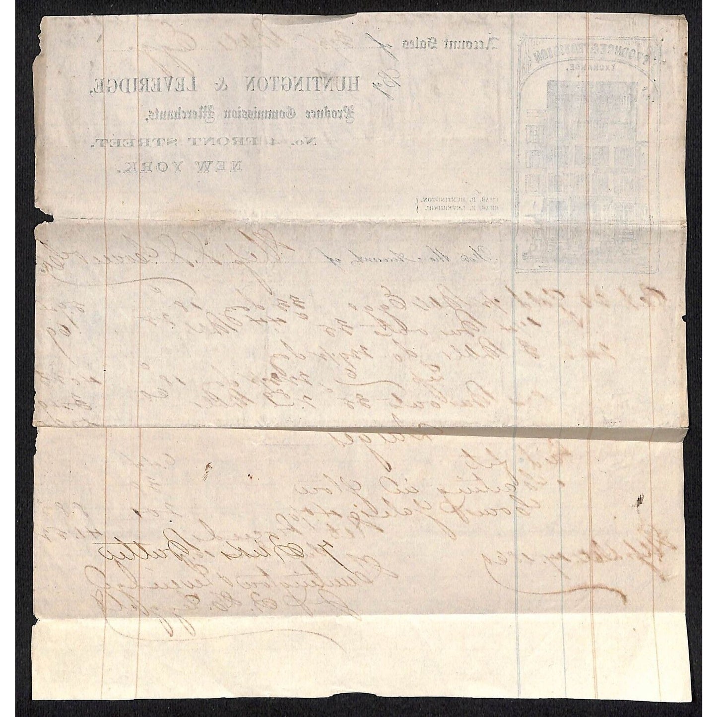 Huntington & Leveridge Front St. NYC 1869 J.J. Cover, Johnsville, OH* Billhead