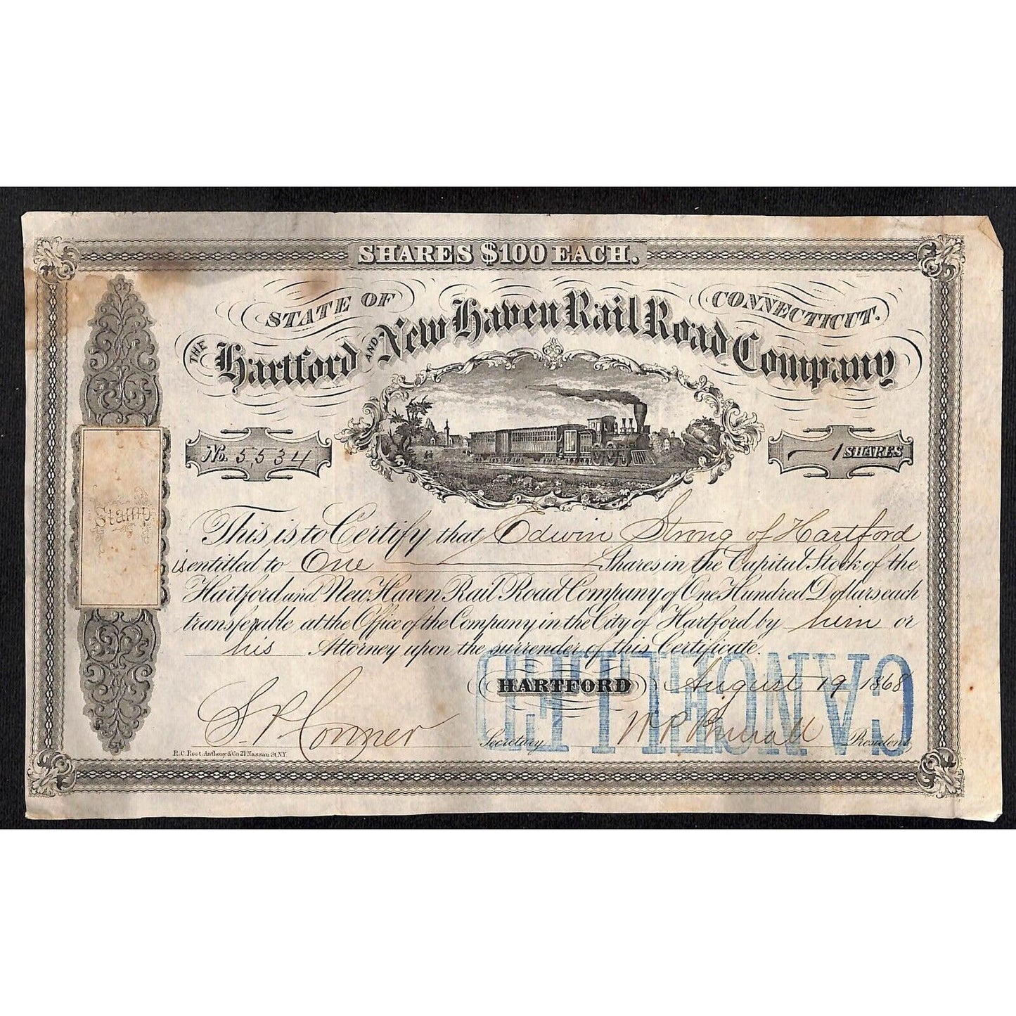 Hartford and New Haven Railroad 1868 Stock Certificate #5534 Edwin Strong