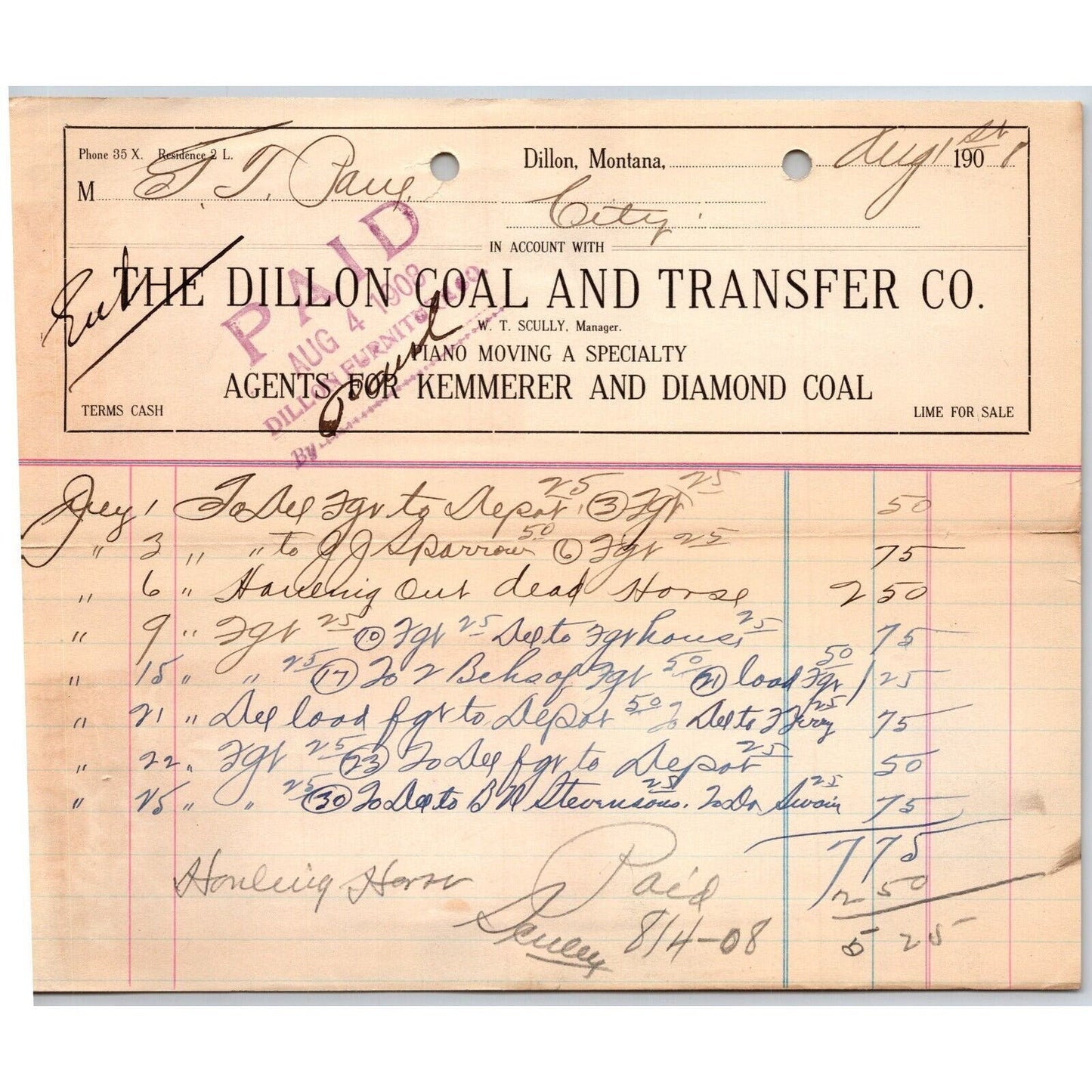 Dillon, MT Dillon Coal & Transfer Co Ice Wood Aug. 1908 Billhead G.T. Paul*