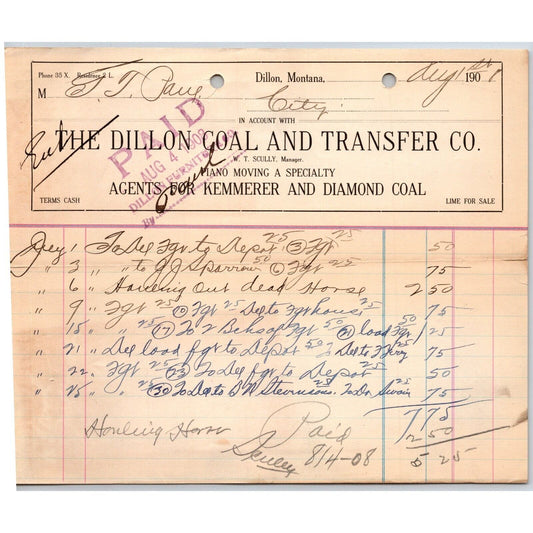 Dillon, MT Dillon Coal & Transfer Co Ice Wood Aug. 1908 Billhead G.T. Paul*
