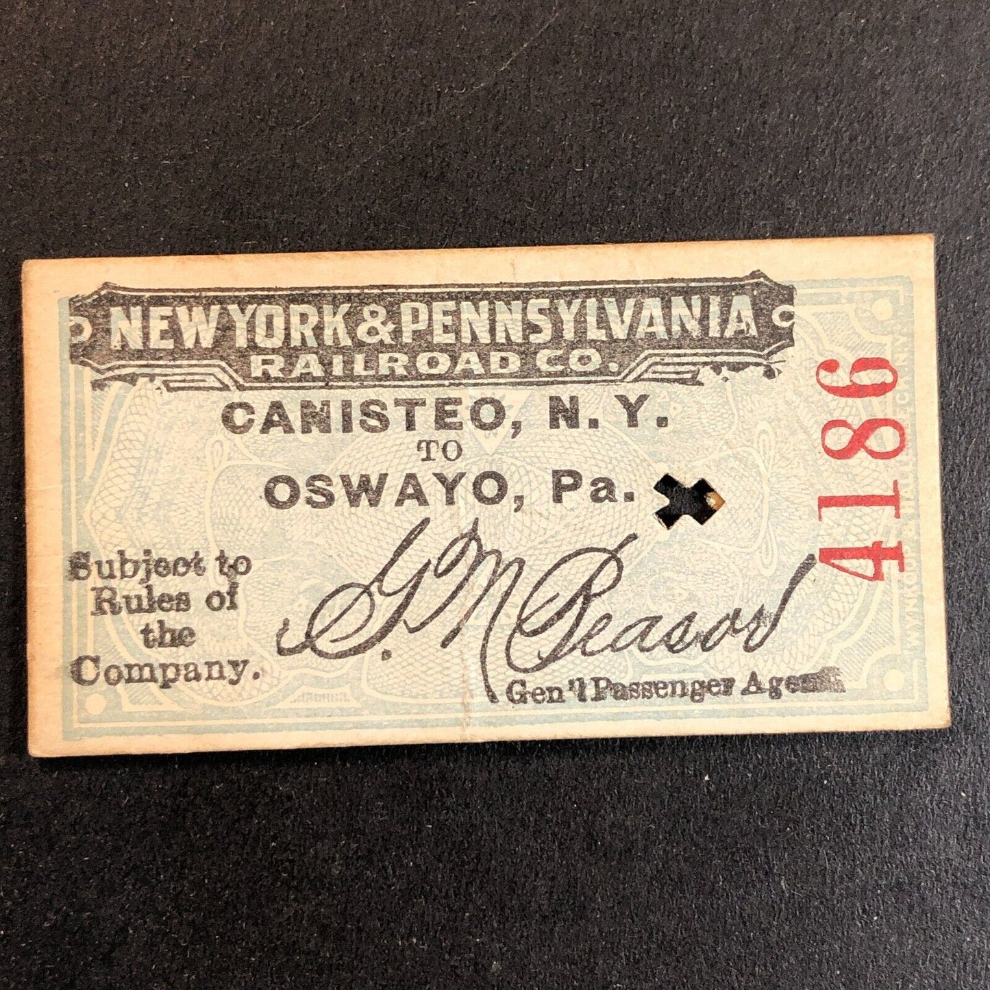 New York & Pennsylvania Railroad July 14 1917 Oswayo Ticket #4186 Scarce