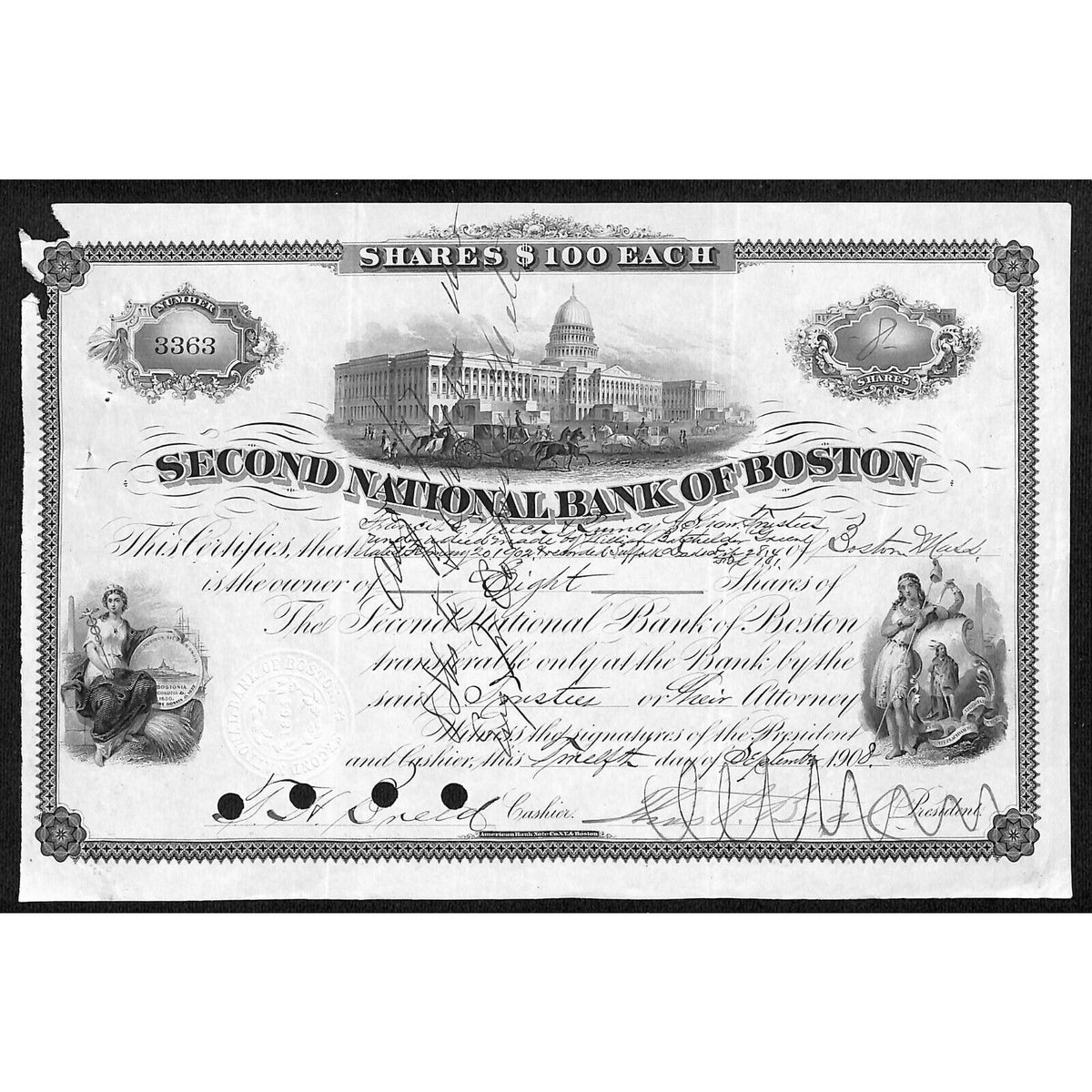 Second National Bank of Boston 1908 Stock Certificate to Francis C. Welch ?