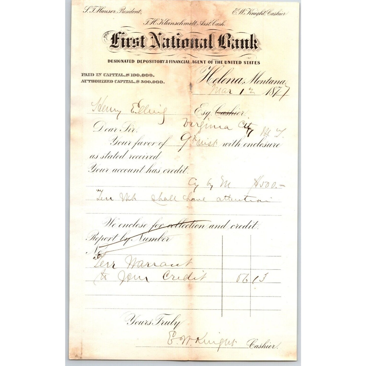 First National Bank Helena, MT 3/12 1877 Payment Advice Henry Elling*
