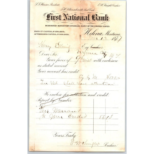 First National Bank Helena, MT 3/12 1877 Payment Advice Henry Elling*