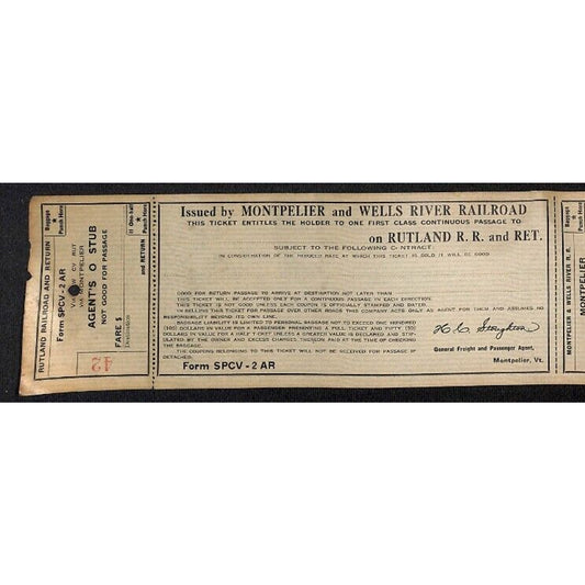 Montpelier and Wells River Railroad Unused First Class Ticket Scarce c1941