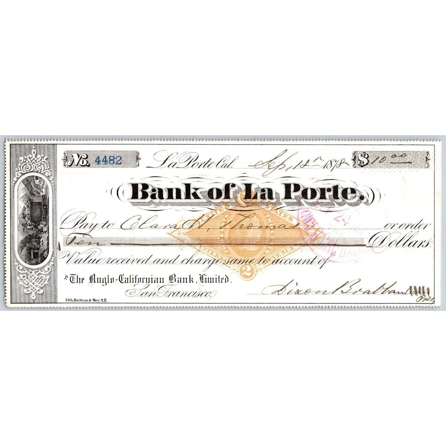 Bank of La Porte Check Clara H. Thomas 1878 Mining Vignette RN-G1 Rev Stamp 4482