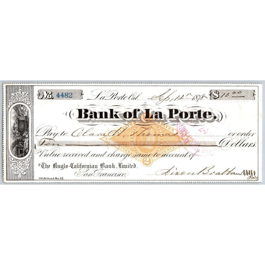 Bank of La Porte Check Clara H. Thomas 1878 Mining Vignette RN-G1 Rev Stamp 4482