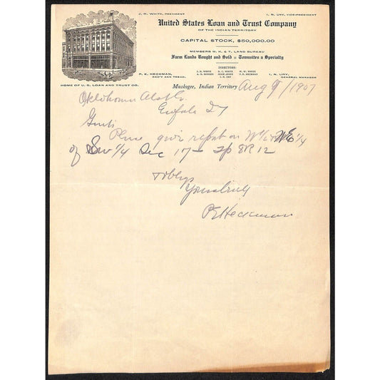 1907 United States Loan and Trust Co. Muskogee Indian Territory Letterhead