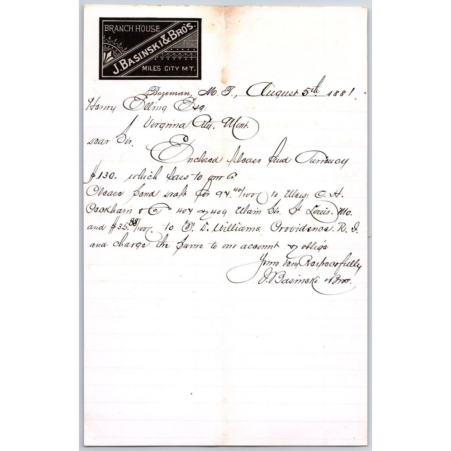 J. Basinski & Bros. Bozeman, MT (Dry Goods) 8/5 1881 Letterhead Henry Elling*