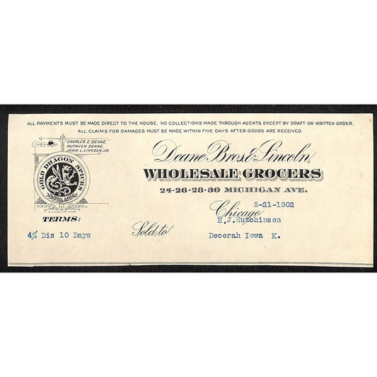 Deane Bros. & Lincoln Chicago Grocers Hutchinson Decorah, IA* 1902 Cut Billhead