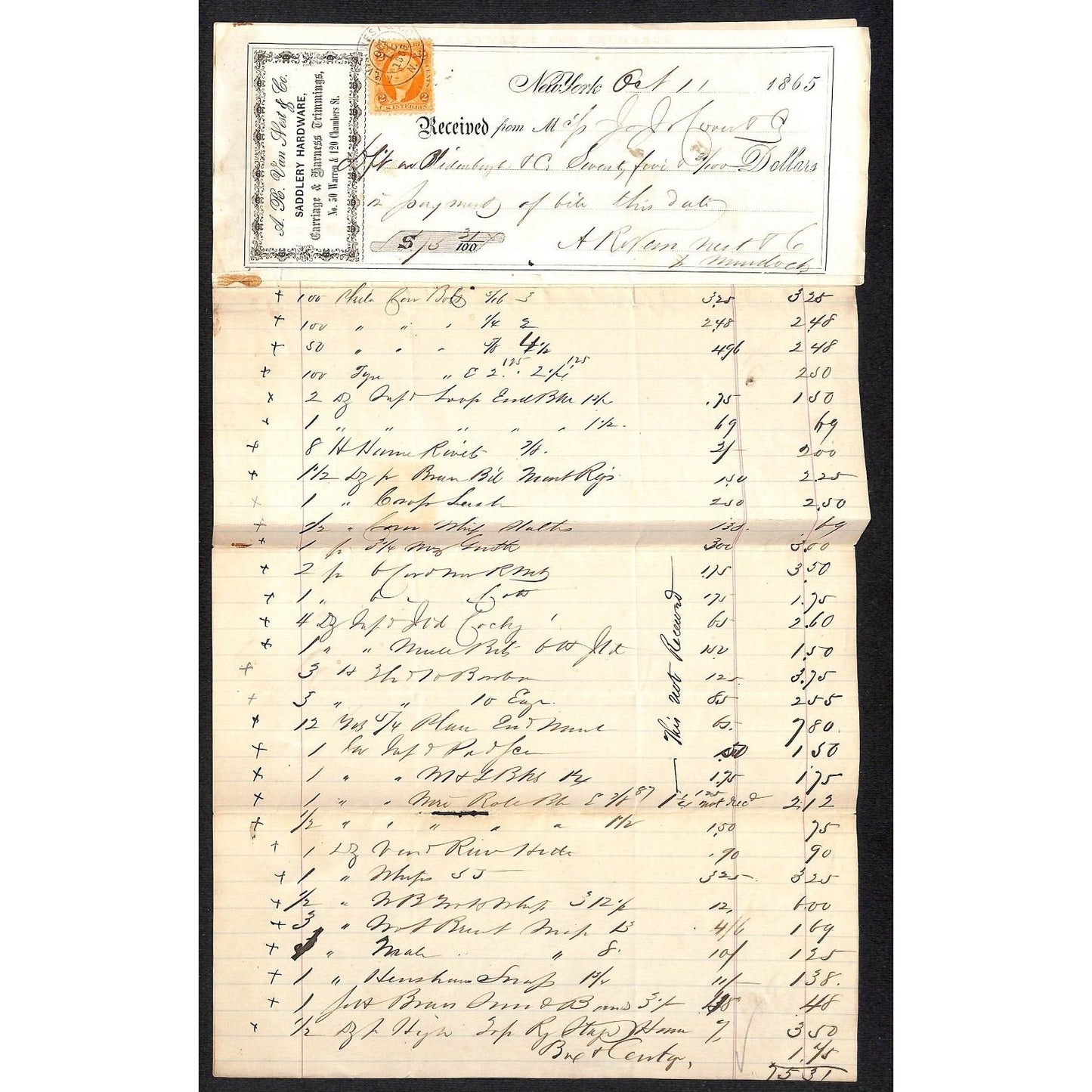 A.R. Van Nest & Co. Saddlery NYC 1865 J.J. Cover, Johnsville, OH* Billhead