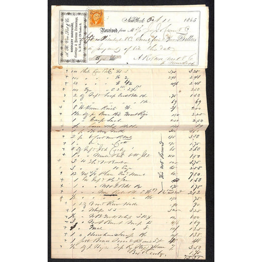 A.R. Van Nest & Co. Saddlery NYC 1865 J.J. Cover, Johnsville, OH* Billhead