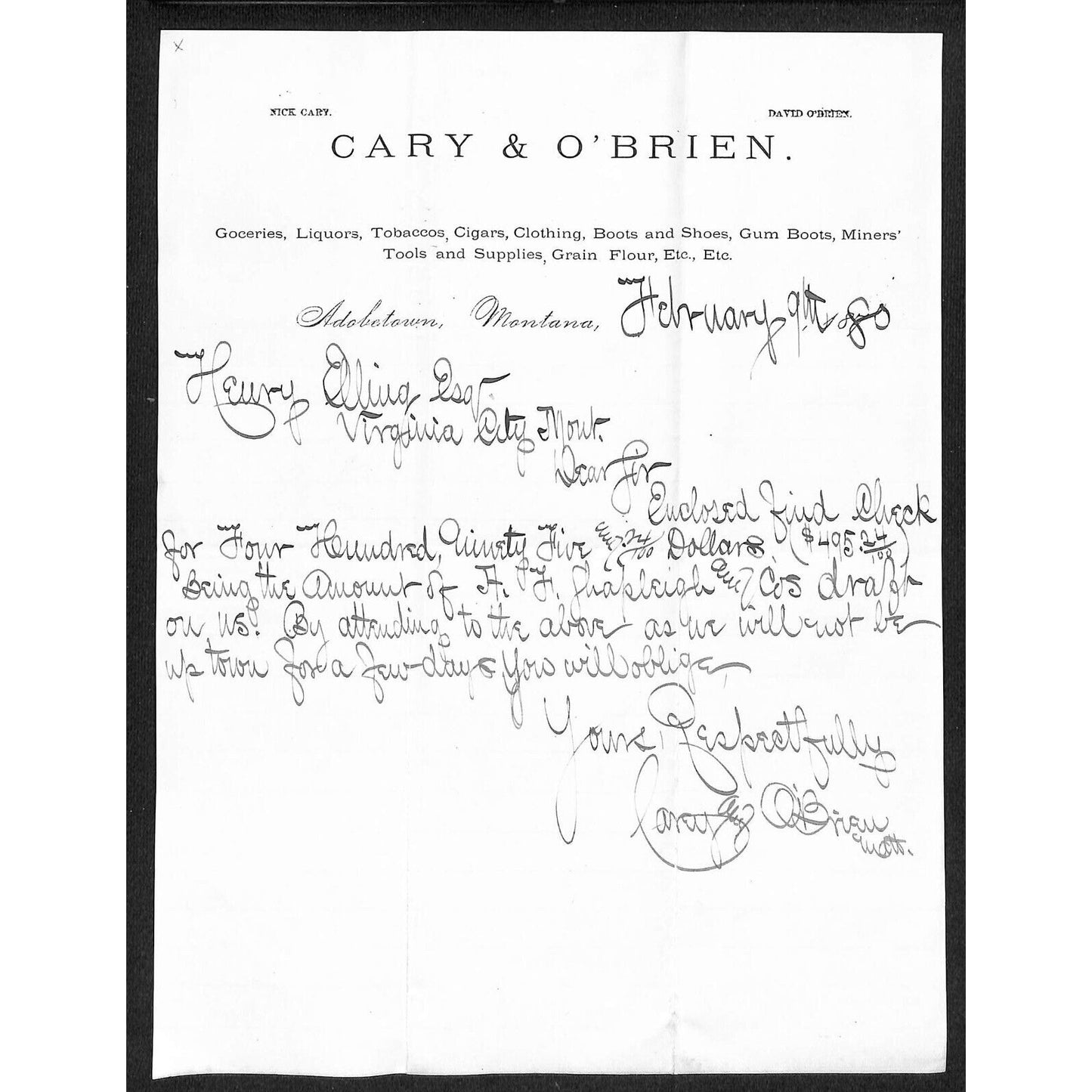Adobetown, MT Cary & O' Brien Cigars Liquors 1880 ALS Letterhead to Elling*