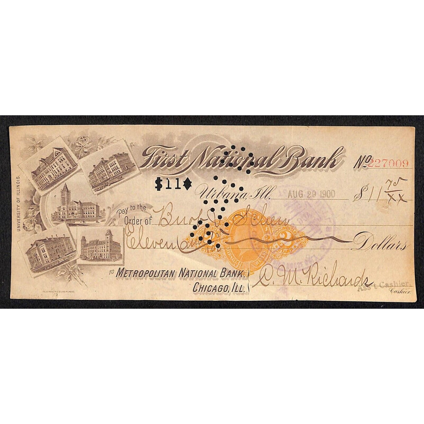FNB Urbana, IL $11 1900 Bank Check Revenue Stamp w/ University Bldg. Vignettes