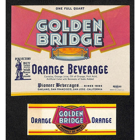 Golden Bridge Orange Beverage Label Set Pioneer Bev. Co 1940's WWII "Buy Bonds"